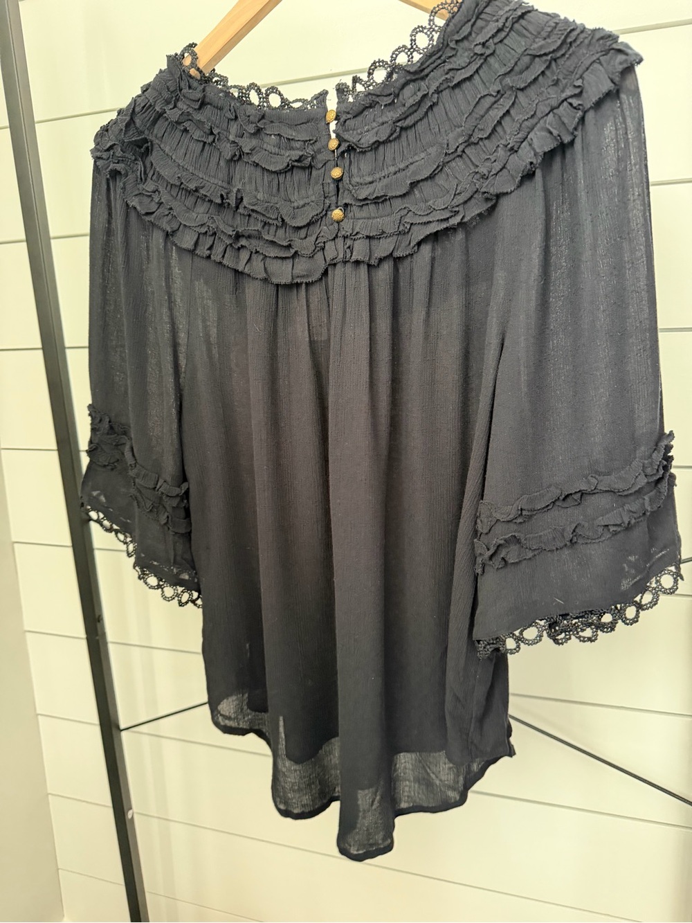 Anthropologie Black Ruffled Lace-Yoke Blouse - Picture 7 of 9